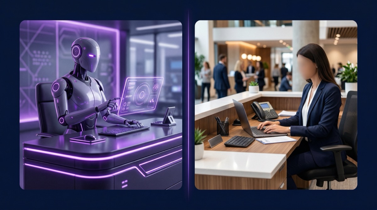 AI receptionist compared with a human receptionist on cost and coverage